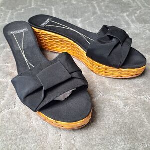 Kate Spade Black Bow Basket Weave Platform Wedge Sandals WOMENS SIZE 10B dressy